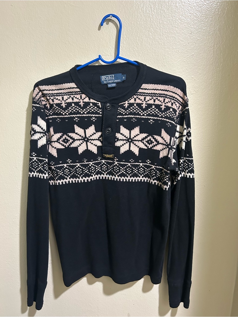 Polo Ralph Lauren Black Crewneck Henley Sweater with Cream Fair Isle